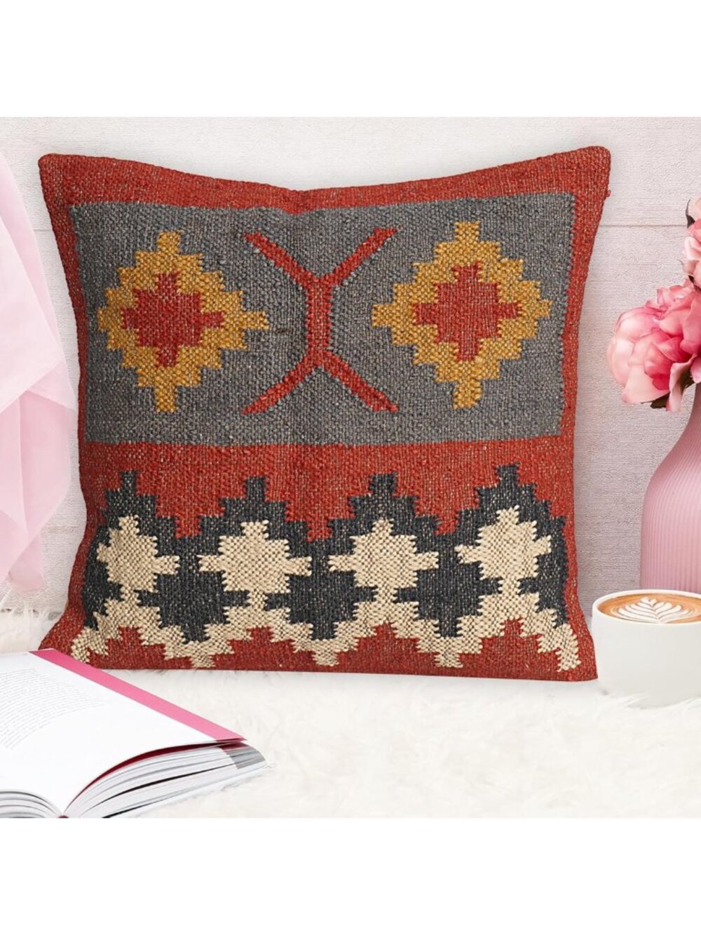 Handwoven Indian Cotton Cushion Cover 18x18" Boho Vintage Kilim Pillow Case